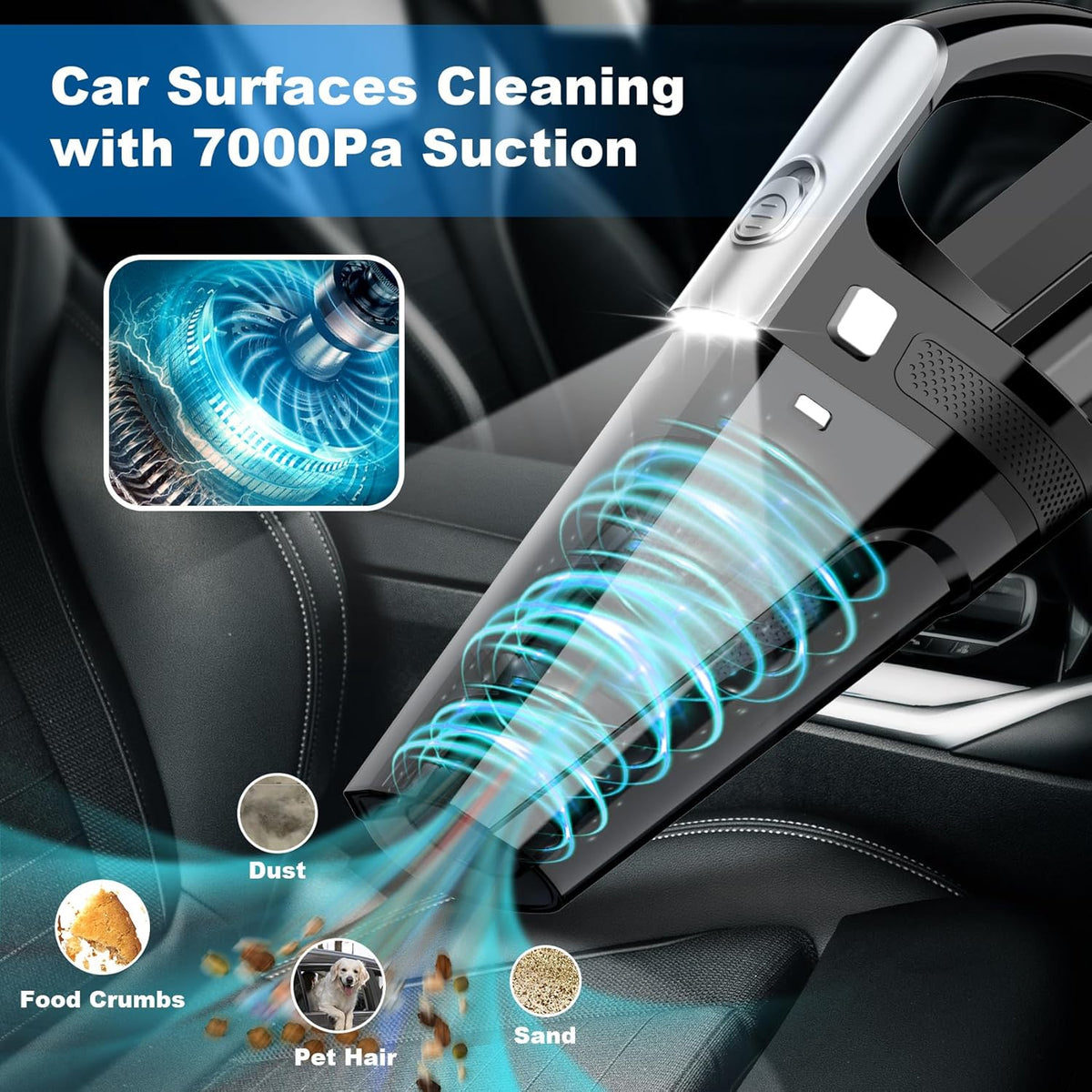 Car Vacuum Cleaner, Portable Car Vacuum with Powerful 7000PA Suction, Car Accessories, DC 12V High Power 16.4Ft Cord Vacuum Cleaner for Car, LED Light & Low Noise, VC008C