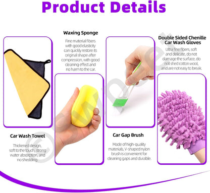 16Pcs Auto Car Detailing Brush Set, 5 Size Boar Hair Detail Brush, 3 Wire Brush, 2 Air Vent Brush, with Chenille Glove, Clean Sponge and Car Wash Towel, Car Wash Kit for Interior and Exterior